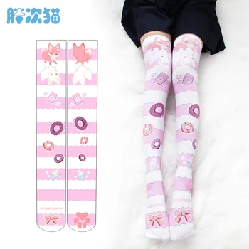 

fox Donut Pink purple print Velvet stocking Girl lolita COS socks Thigh socks