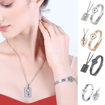 

Gift Fashion Concentric Lock Key Titanium Steel Jewelry Bracelet Necklace Couple Sets BMF88