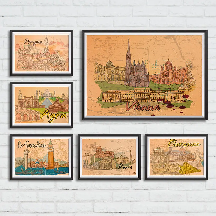 

Vintage City Travel Poster Colorful Painting Wall Art Sticker Landscape Drawing Kraft Paper Pub Bar Cafe Home Decor 42x30cm