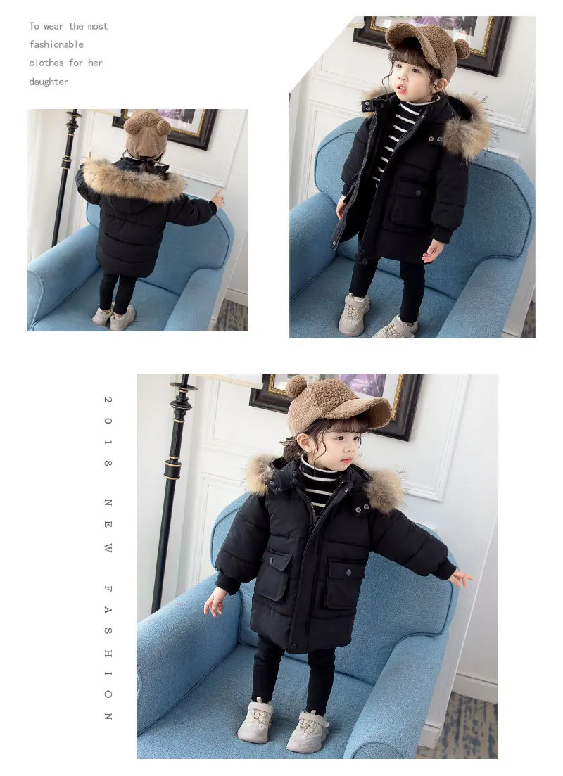 Girls Solid Color Long Cotton-padded Clothes Korean-style Winter Baby Large Fur Collar Brushed And Thick Western Style Coat Fash