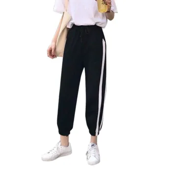 

Women Casual Loose Pants Pantalones Mujer Ropa Mujer High-Elastic Pants Women Sports Side Print Harajuku Feet Nine Points Pants