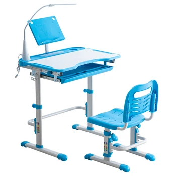 

Student Desks and Chairs Set C Style with Light White Lacquered White Surface and Blue Plastic [70x38x(52-74)cm] US in Stock