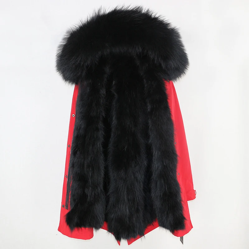 red black Водонепроницаемая парка OFTBUY, пальто с натуральным мехом, зимняя куртка для женщин, воротник из натурального меха енота, подкладка из лисьего меха, теплая плотная уличная одежда - Цвет: red black