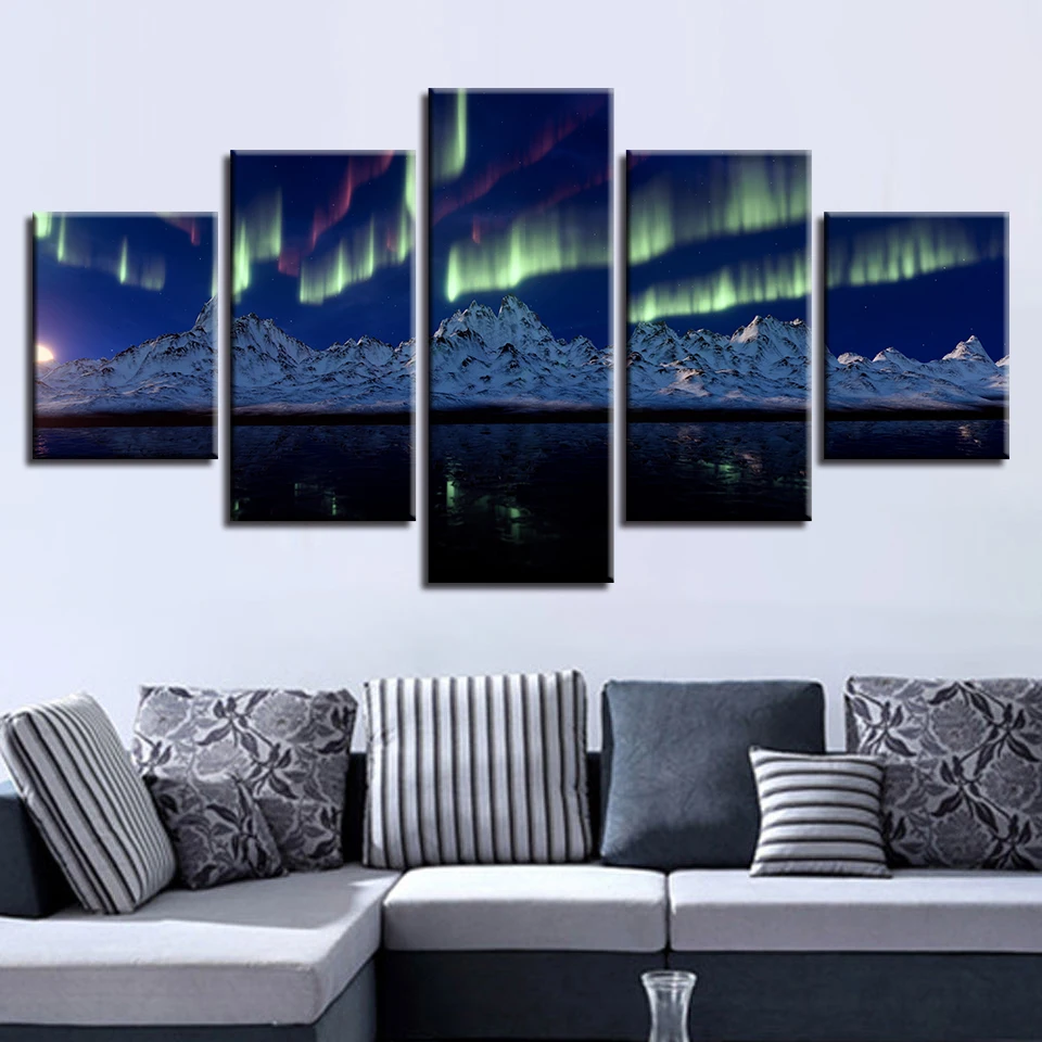 Модульный плакат, холст, картины, 5 шт., горное озеро, Auroras, ночная сцена, картины, настенный художественный Декор для гостиной, современные принты
