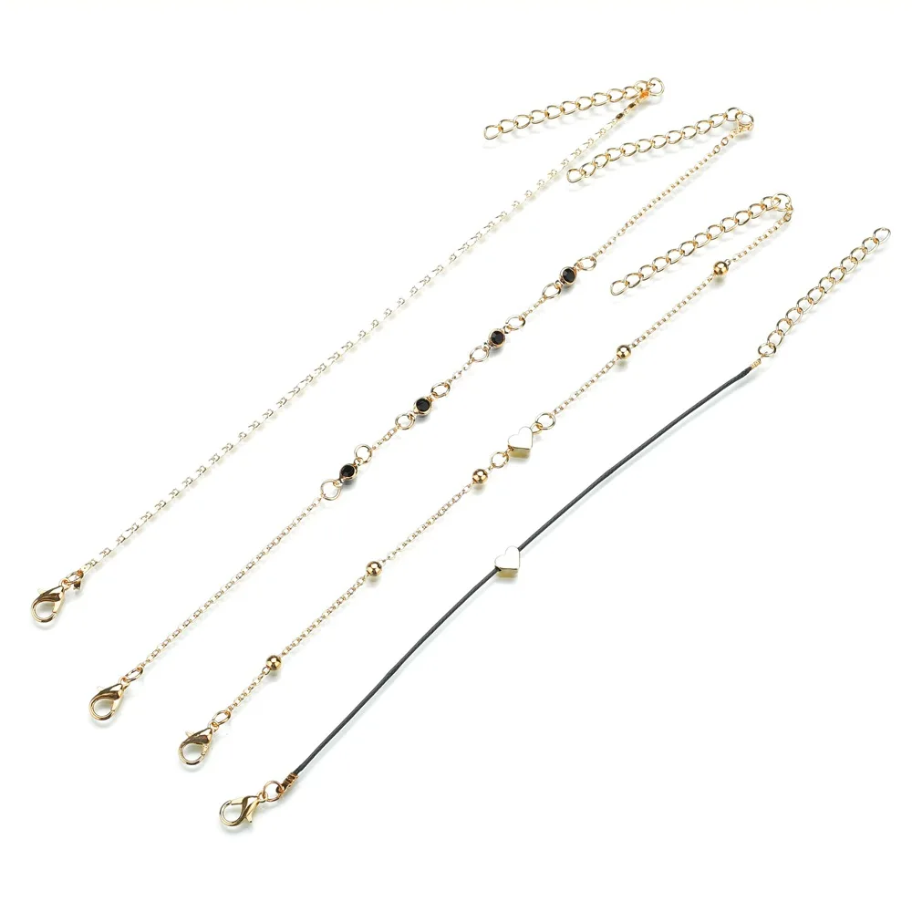 

Europe And America Popular Hot Sales Peach Heart round Beads Multilayer Anklet Box Chain Leather Rope Anklet Set Four-piece Set