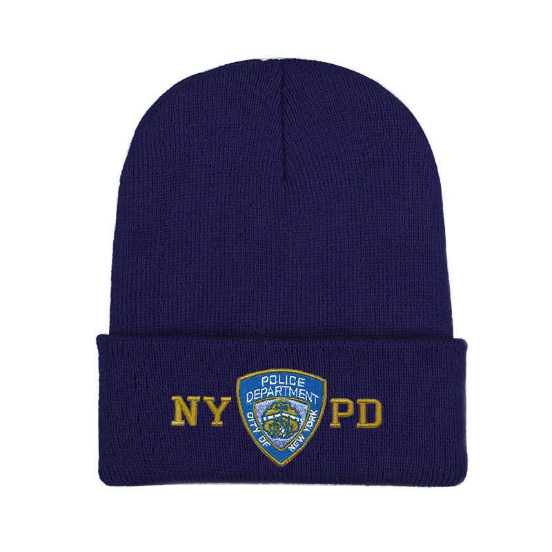 Тёмно-синий NYPD полиция зимние теплые шапочки Skullies мужские Толстая шапочка шапки Мужская спортивная шапочка в стиле кэжуал двухслойная вязаная шапка - Цвет: Тёмно-синий