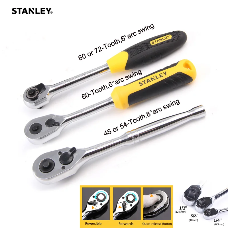 Stanley 1pcs Professional 1/4 3/8 1/2 Ratchet Wrench Spanner Mechanical  Workshop Tools Wrenches for Socket Garage Auto Bicycle