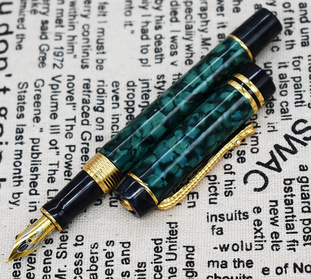 Crocodile Marble Celluloid Fountain Pen 22KGP Medium Nib Writing Gift Pen, Green Flowers Pattern with Crocodile Clip for Office chinese calligraphy brush pen weasel hair calligraphy brush set medium regular script brush beginner writing painting supplies