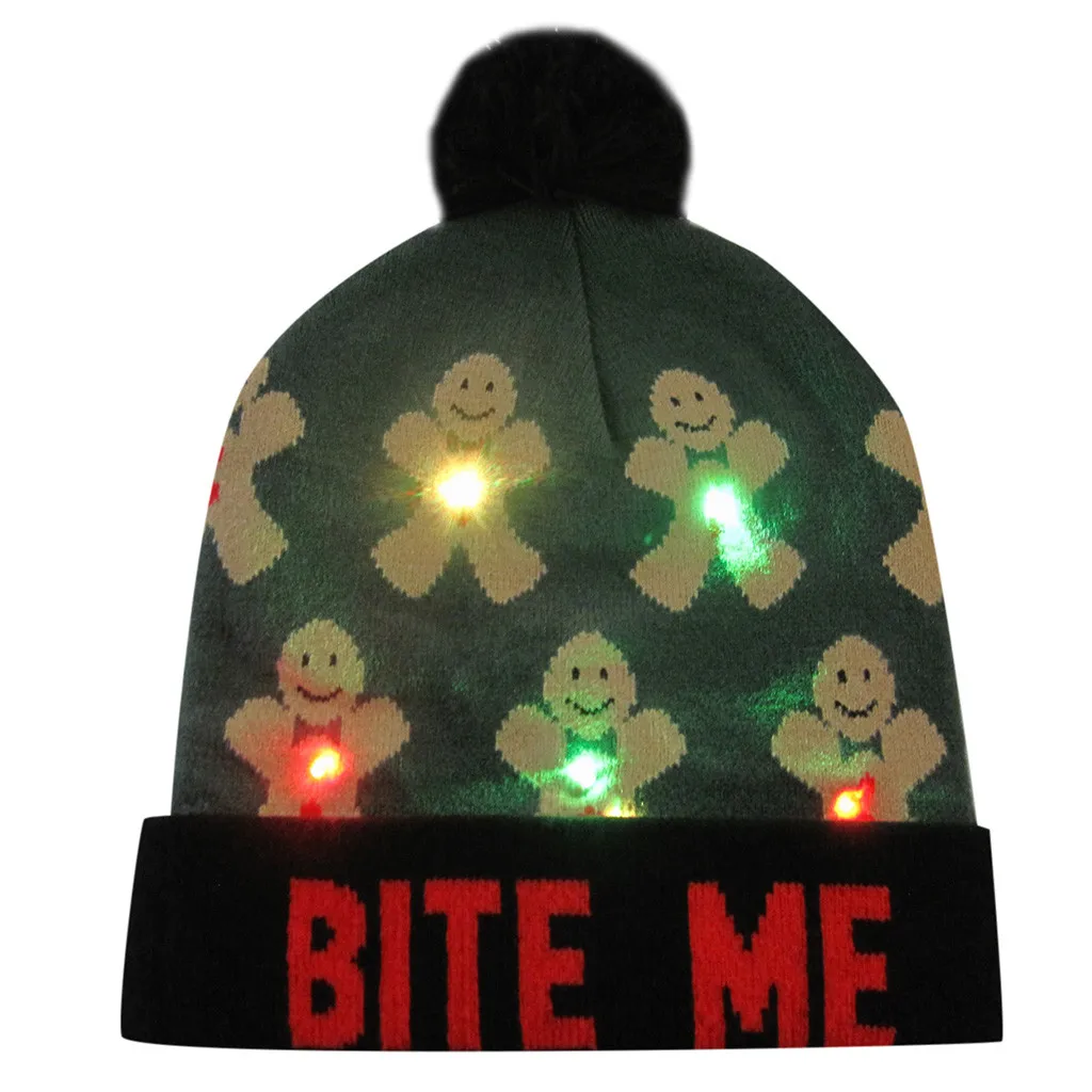 Merry Christmas женские мужские шапки для взрослых красочные веселые рождественские светодиодные лампы-вверх вязаная шапка, шапочка Hairball теплая шапка подарки вечерние шапки