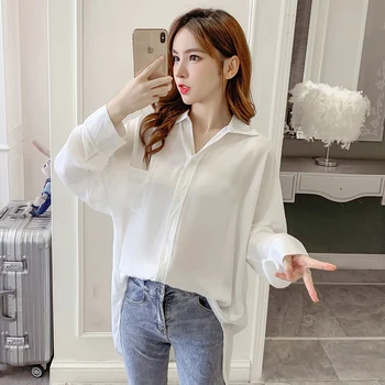 

COIGARSAM Full Sleeve Shirt Womens tops Spring Chiffon Women shirts White 8105