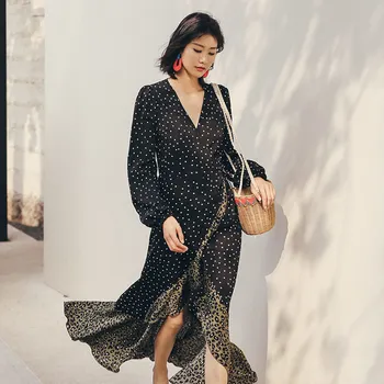 

Spring and Summer Dress French Retro Dress Women Vacation Long V-neck Leopard Chiffon Stitching Ruffle Dress Long Sleeve Dress