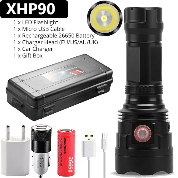 Супер мощный XHP90 светодиодный фонарик XHP50 тактический фонарь USB Перезаряжаемый Linterna водонепроницаемый фонарь ультра яркий фонарь для кемпинга - Испускаемый цвет: Package D-XHP90