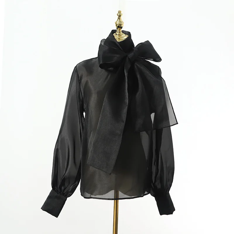 

Black White Transparent Organza Blouse Women Blouses Puff Sleeve Top Sexy Bow Tops Mesh Blouse Femme Blusa Transparente Mujer