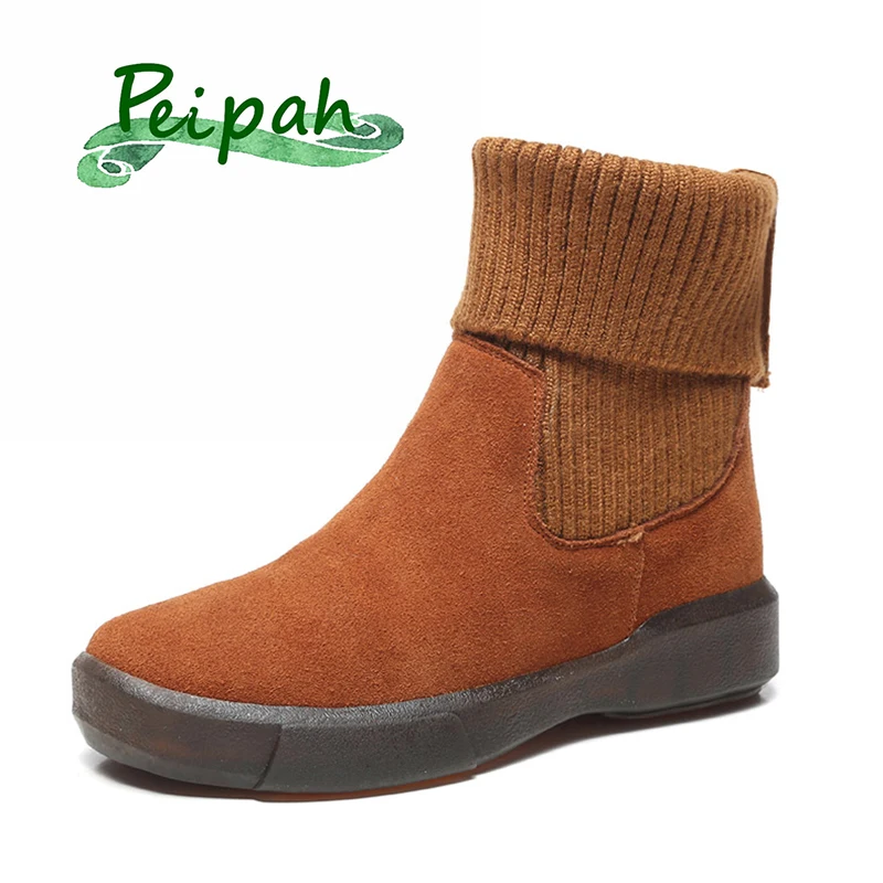 

PEIPAH Winter Snow Boots Women Cow Suede Wool Platform Shoes for Women Slip On Stretch Fabric Rubber Ankle Boots Women Plus Size