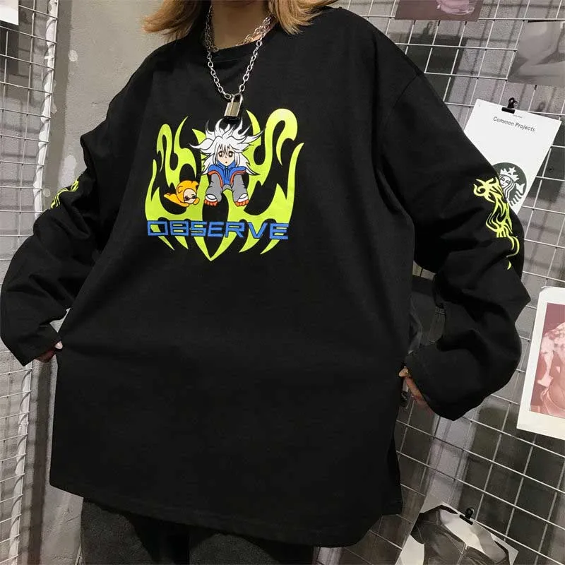 Черный NiceMix Harajuku футболка Женская Лоскутная с мультяшным принтом буквы комиксы Свободная рубашка с длинным рукавом женская уличная футболка orversize - Цвет: Черный