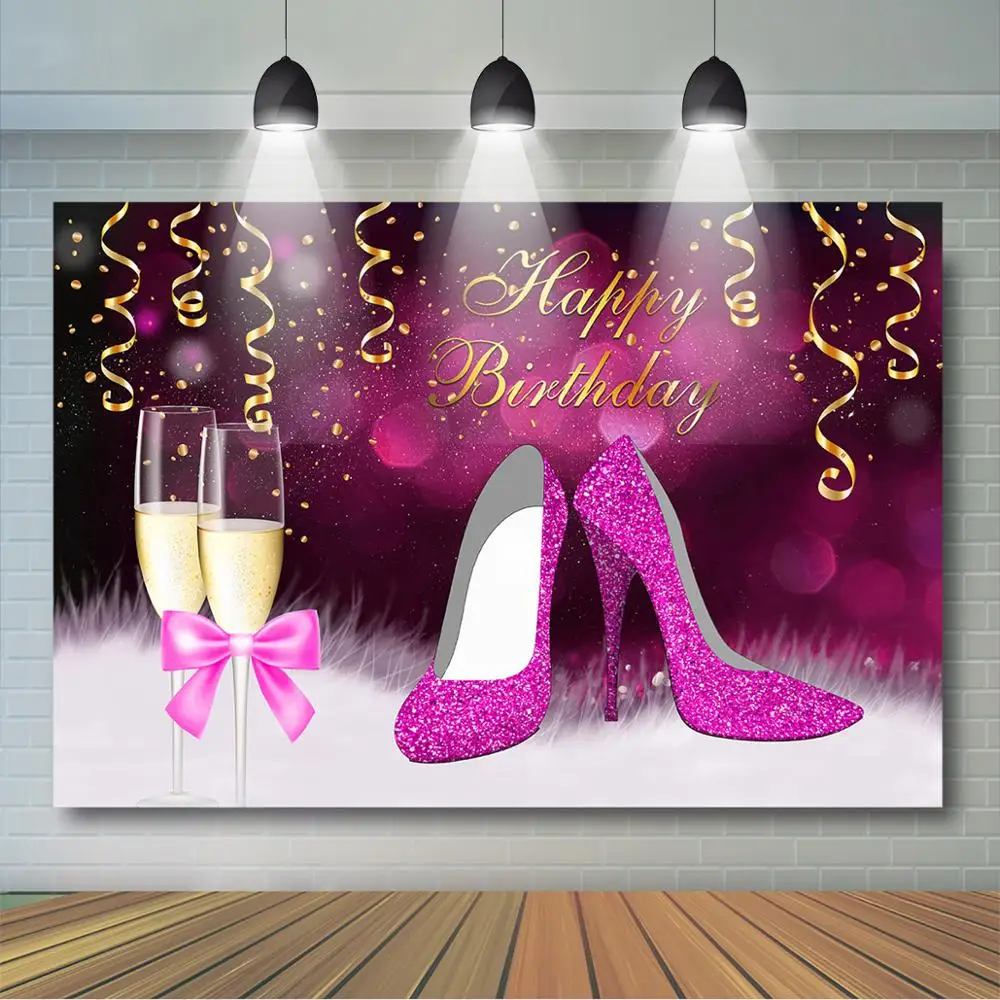 Purple Birthday Backdrop for Women High Heel Champagne Posing Shot Selfie Background Ladys Party Decor Banner | Электроника