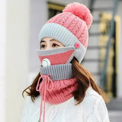 Комплект из 3 предметов, женские зимние шапочки, бархатные толстые нагрудники, маска для защиты ушей, Skullies Beanie, шапка для верховой езды, женская теплая вязаная шерстяная шапка - Цвет: pink