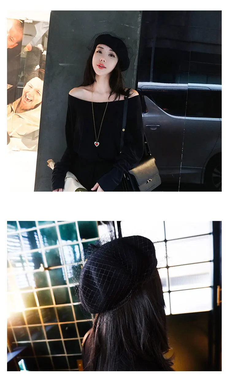 Korean version Beret Womens Autumn Winter Elegant Retro Fashion Simple Lace Pompon Wool Painter Cap Mesh Berets