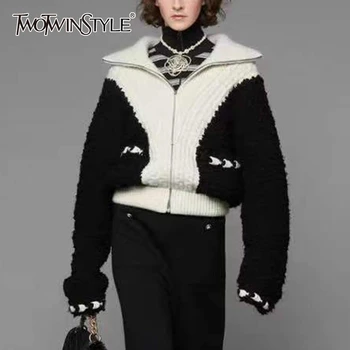 

TWOTWINSTYLE Knitted Hit Color Women's Coats Lapel Collar Long Sleeve Pocket Female Coats 2020 Autumn Winter Fashion New Clothes