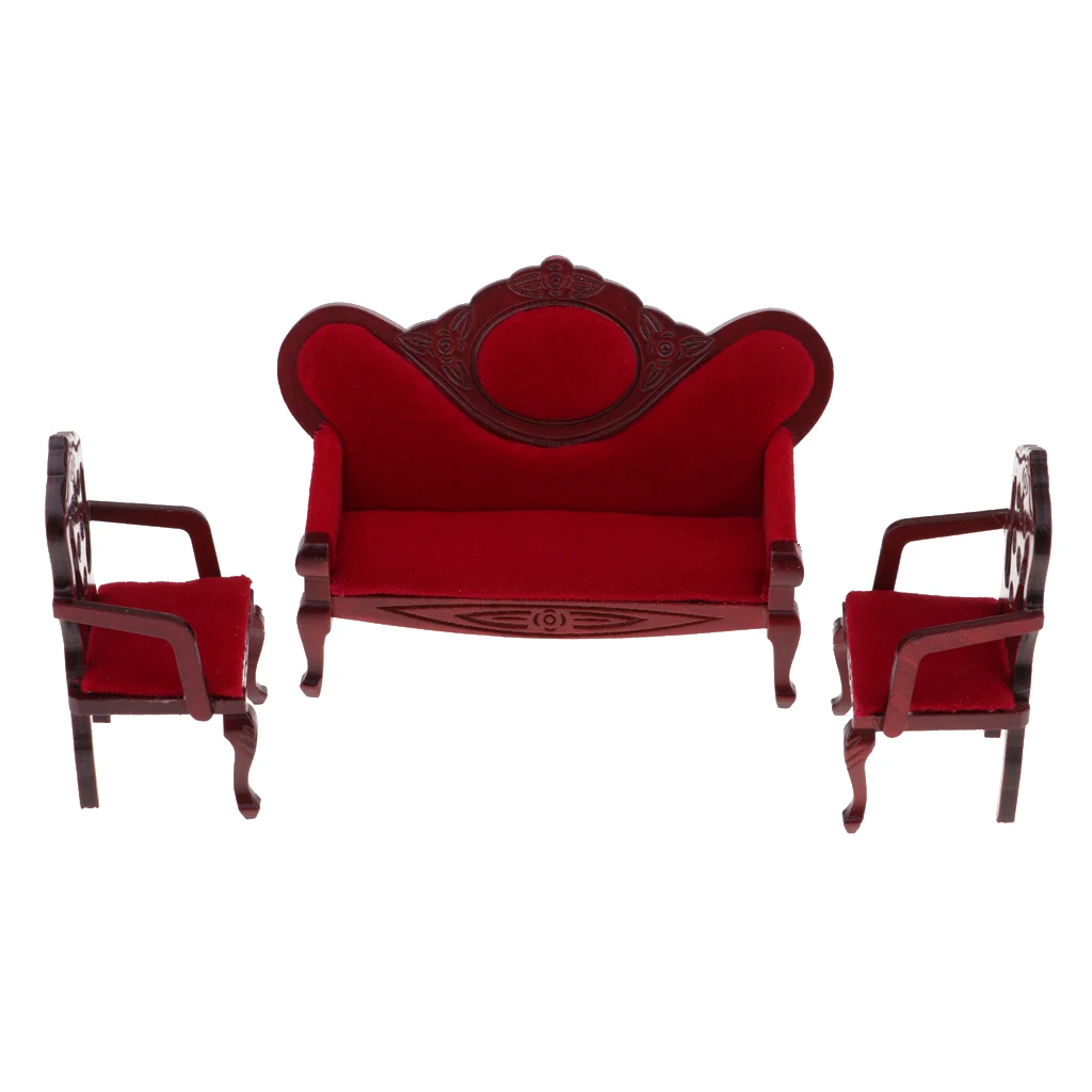 Vintage 1/12 Miniature Velvet Sofa Couch Chair Set for Dolls House Garden Yard Park Any Room Furniture Decor