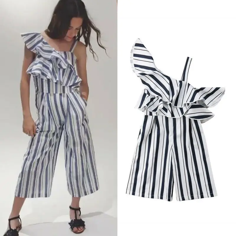 

Children Overalls Girl Off Shoulder Ruffled Striped Jumpsuits One Piece Romper Oblique Collar Playsuits for Kids Clothes 3-10Y