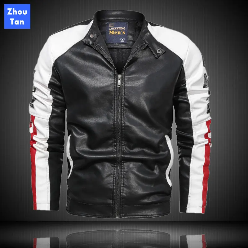 

ZhouTan 2020 Fashion Stand Collar Jacket Men's Washed Color Matching Slim Leather Jacket Casual Leather Jacket Men
