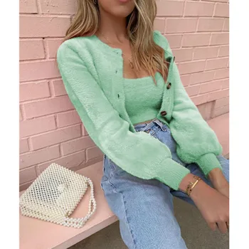 

Womens Long Sleeve Knitted Fluffy Cardigan Fashion Autumn Solid Single Breasted Coat Jacket