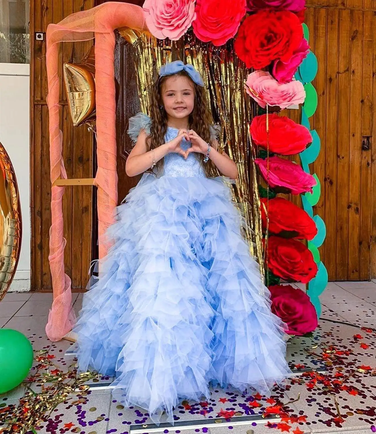 

Sky Blue Puffy Girls Pageant Gown Layered Tulle Lace Top Flower Girl Dress for Wedding Children Clothes Photoshoot