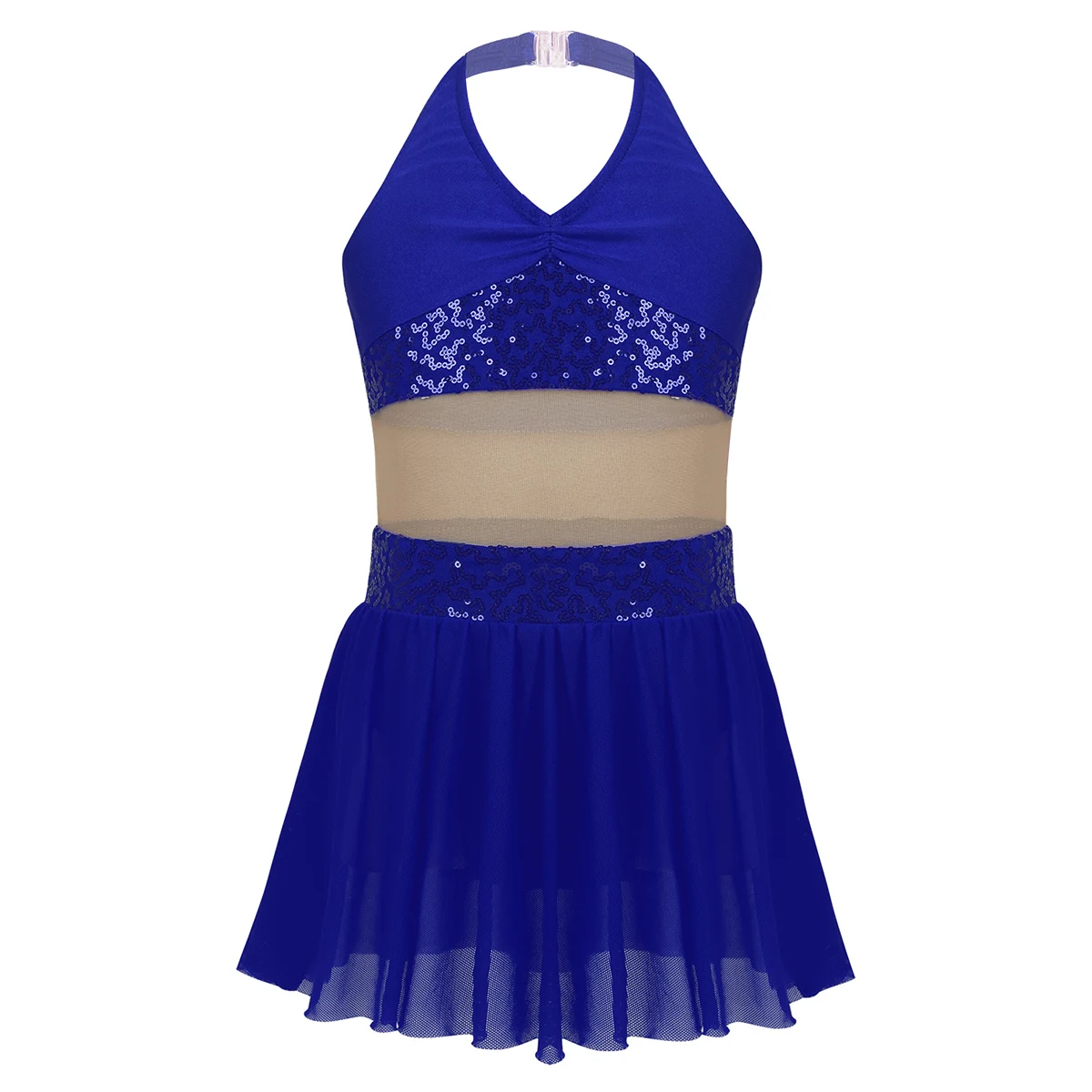 Blue ChicTry Girls Halter Sequin Mesh Stretchy Figure Skating Dress Gymnastics Ballet Leotard Kids Performance Lyrical Dance Costumes - Цвет: Blue