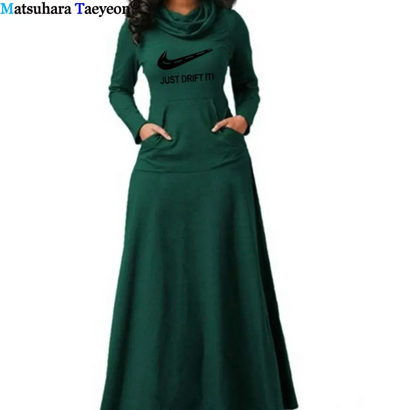 Новинка, платье Just Drift it, одежда для женщин, с принтом, с длинным рукавом, винтажное, макси платье, халат, водолазка, с карманами, платья - Цвет: 4