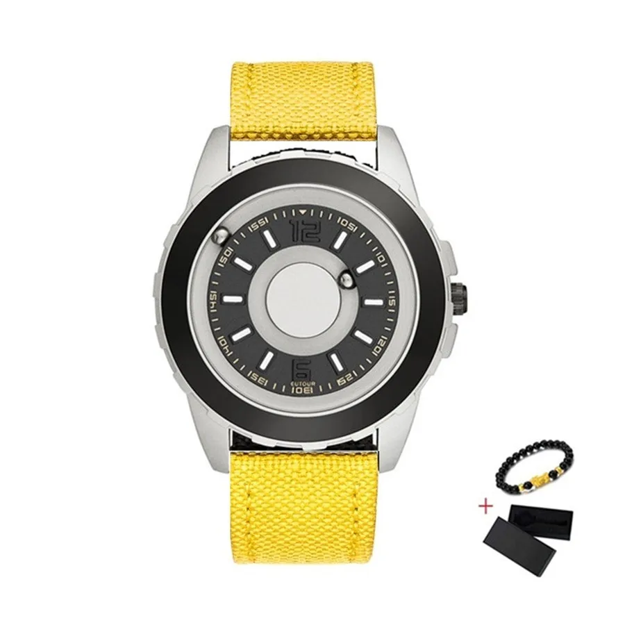 Eutour черные часы с магнитным шариковым указателем кварцевые часы мужские водонепроницаемые наручные часы нейлоновые мужские часы на ремне Топ бренд класса люкс - Цвет: Silver Yellow Canvas