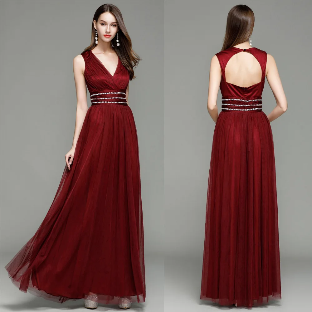 

CK7154 Spring New Style Evening Gown Long-Deep V-neck Backless Mesh Skirt Bride Dress for Toast