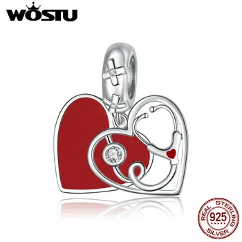 

WOSTU Dangle Heart Charm 925 Sterling Silver Red Enamel Stethoscope Pendant Beads Fit Original Bracelet Necklace Jewelry CTC308