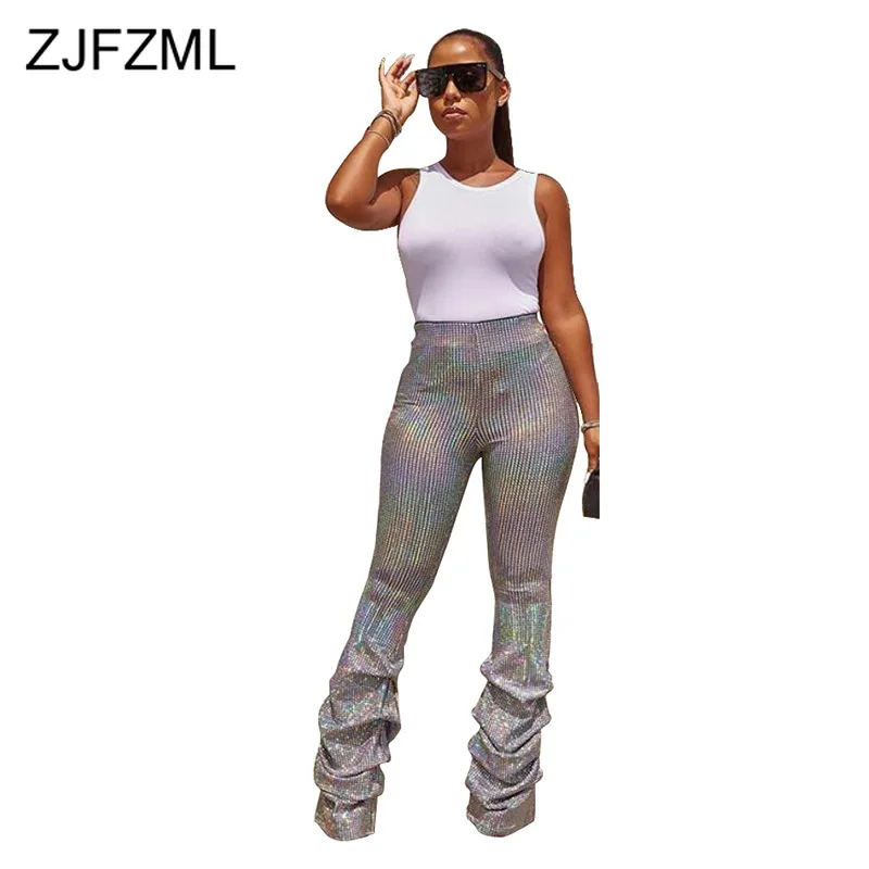 

Sequined Knitted Fashion Pleated Trousers Women New High Waisted Night Club Party Pant Autumn Winter Female Pencil Long Legging