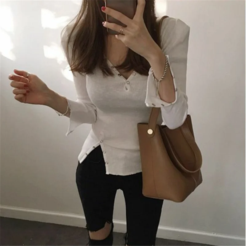 Футболка женская трикотажная с V образным вырезом и длинным рукавом|fashion t shirt women|t
