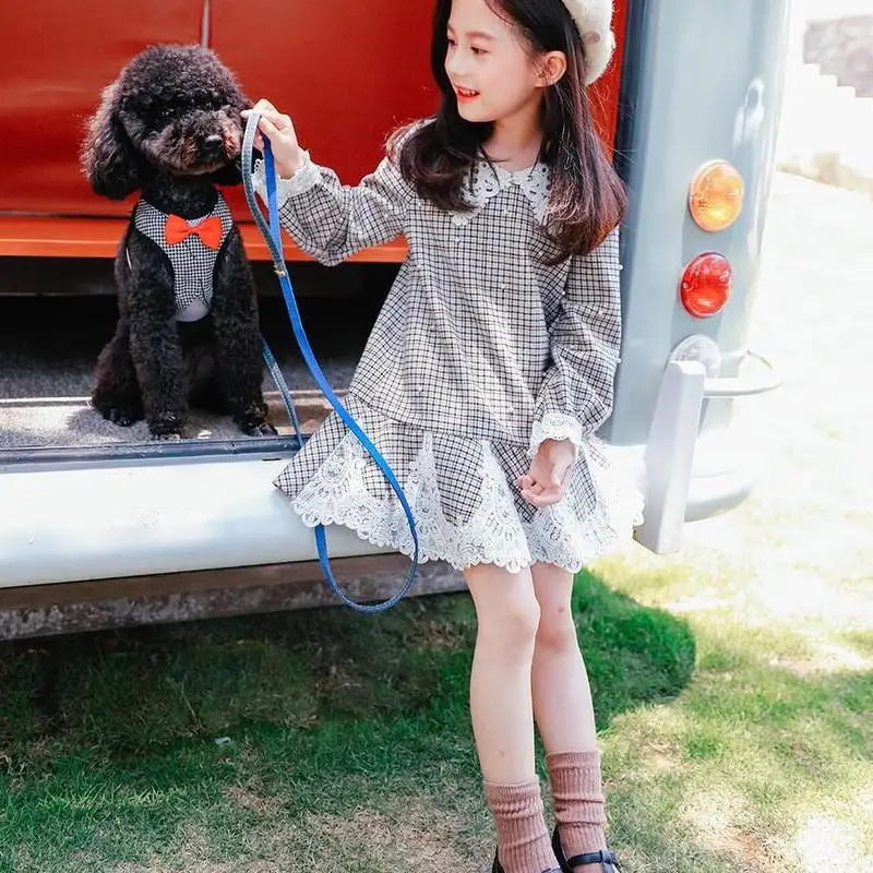 

Fall 2019 Girls Dresses Designer Plaid Lace & Pearl Decoration Peter Pan Collar Gentle Style Autumn Winter Kids Dresses for Girl