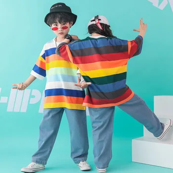 

Kids Jazz Dance Clothing Set Boys Girls Rainbow striped shirt Jeans Pants Street Hip Hop Dance Costumes 6 8 10 12 14 16 Years