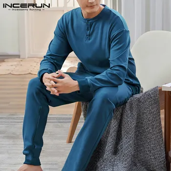 

Men Warm Homewear INCERUN Leisure Pajamas Sets Winter Men Solid Sleepwear Suits Long Sleeve Tops And Elastic Pants Nightclothes7