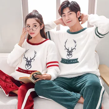 

Winter Flannel Christmas Pajamas Set For Women Man Deer Cartoon Pijamas Mujer Home Clothes Suits Full Sleeve Pyjama Sleepwear