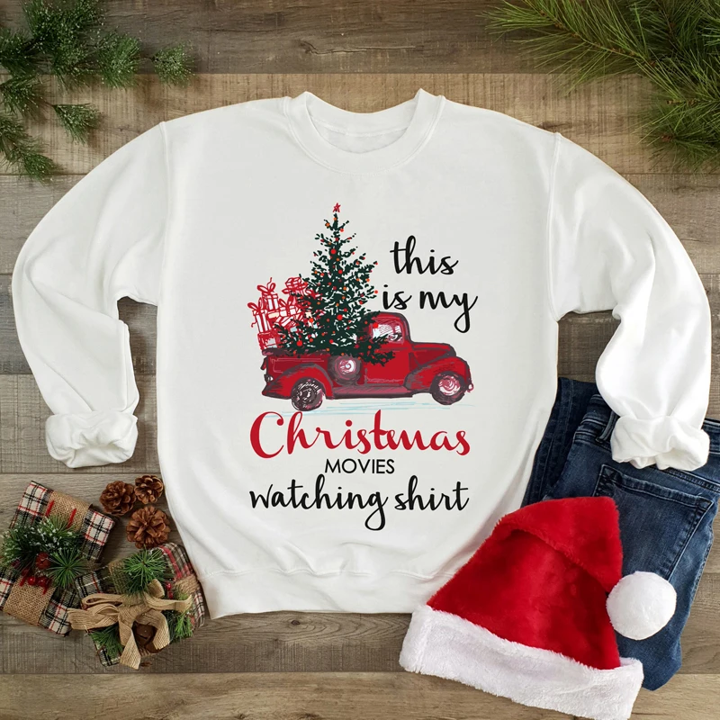 white This Is My Christmas Movies Watching Shirt Толстовка эстетический Рождественский праздничный Подарочный пуловер забавные женские Графические Топы с цитатами - Цвет: white