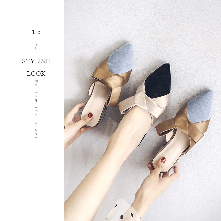 

Closed-toe Semi-Trailing Shoes Women's 2019 Autumn New Style Pointed Flat Bow Mixed Colors Slippers Women's Outer Wear Lazy Mule