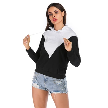 

Autumn Winter Women Hoodies Tie Collar Contrast Color Patchwork Tops Casual Loose Sweatshirt Long Sleeve Hooded
