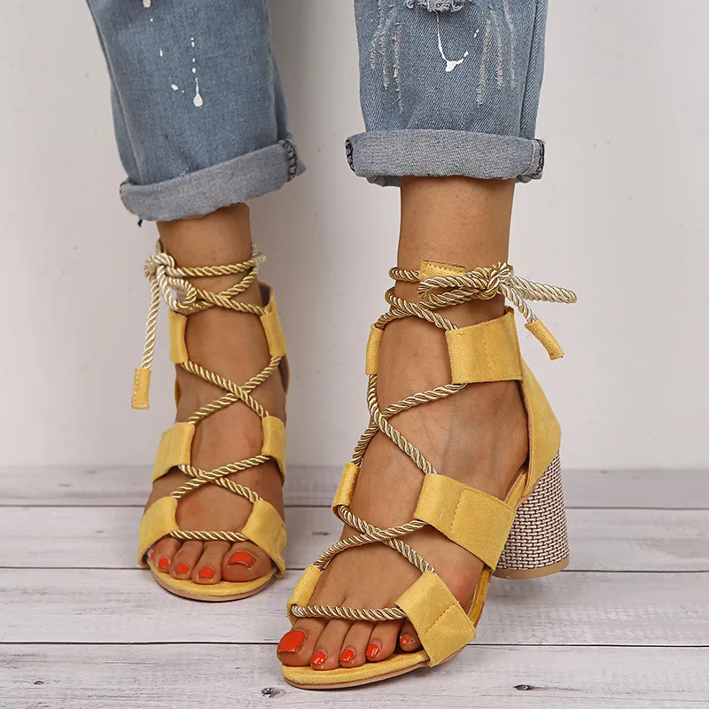 

Summer Fashion New Style European Lace-up Thick High-heel Open-toe Sandals Fashion Large Size One-line Sandals Women