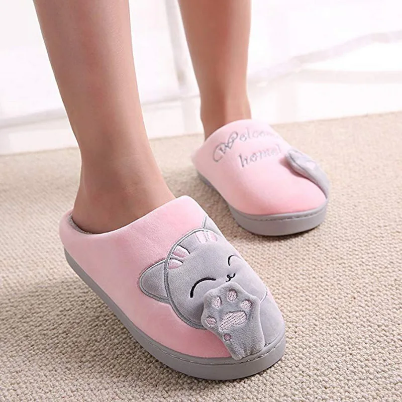 MoneRffi Women Indoor Winter Slippers Unisex House Slippers Lucky Cat Soft Slip On Slippers Fluffy Fur Warm Shoes Buty Damskie