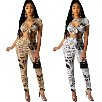 

2020 Tracksuit Women Set Summer Newspaper Print Top+pants Two Piece Set Suit Night Club Party Elegant Sport Streetwear Sweatsuit