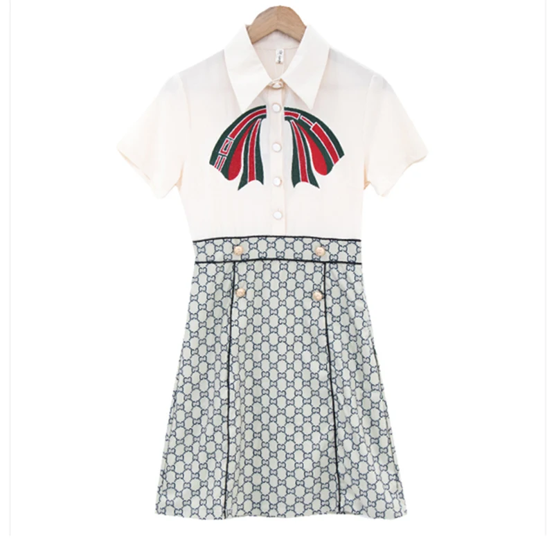 

apricot patchwork bow button zipper turn down collar short sleeve mini dress summer D1701