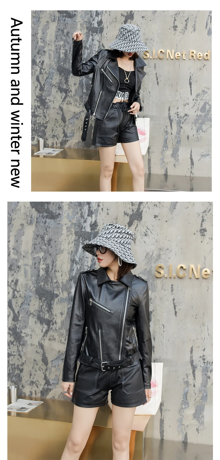 Genuine Leather Jacket Moto Notched Neck Buckle Betled Black Jacket Coats Women Autumn Casual Highstreet Long Sleeve Fit Outwear