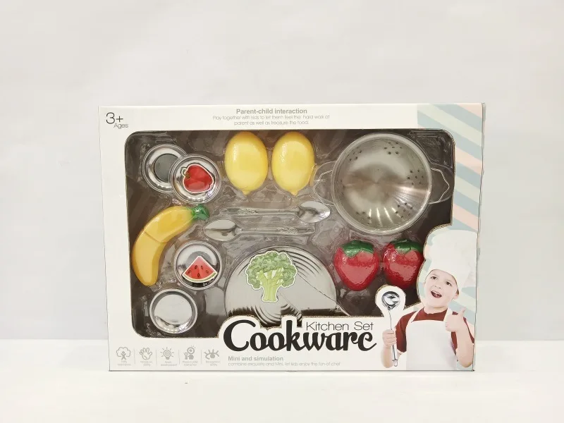 

Children Mini Stainless Steel Play House Toys Kitchen Fruits And a Set of Tableware Set Model Cooking Tableware