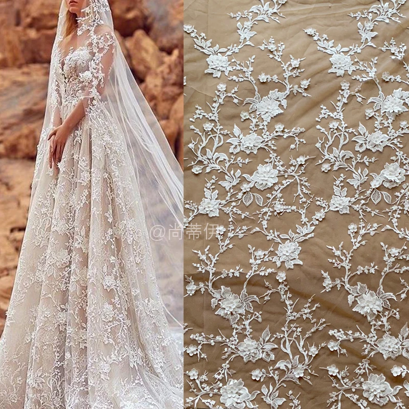 1 ярд 3D перламутровая бисерная Цветочная лепестковая кружевная ткань, белая атласная Цветущая свадебная ткань для свадебного торжества 130 см в ширину