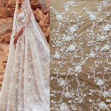 1 ярд 3D перламутровая бисерная Цветочная лепестковая кружевная ткань, белая атласная Цветущая свадебная ткань для свадебного торжества 130 см в ширину